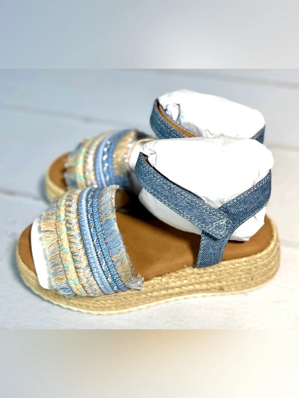 Roxy Ally Espadrille Platform Sandals Blue Denim Fringe Girls Size 11 NIB
